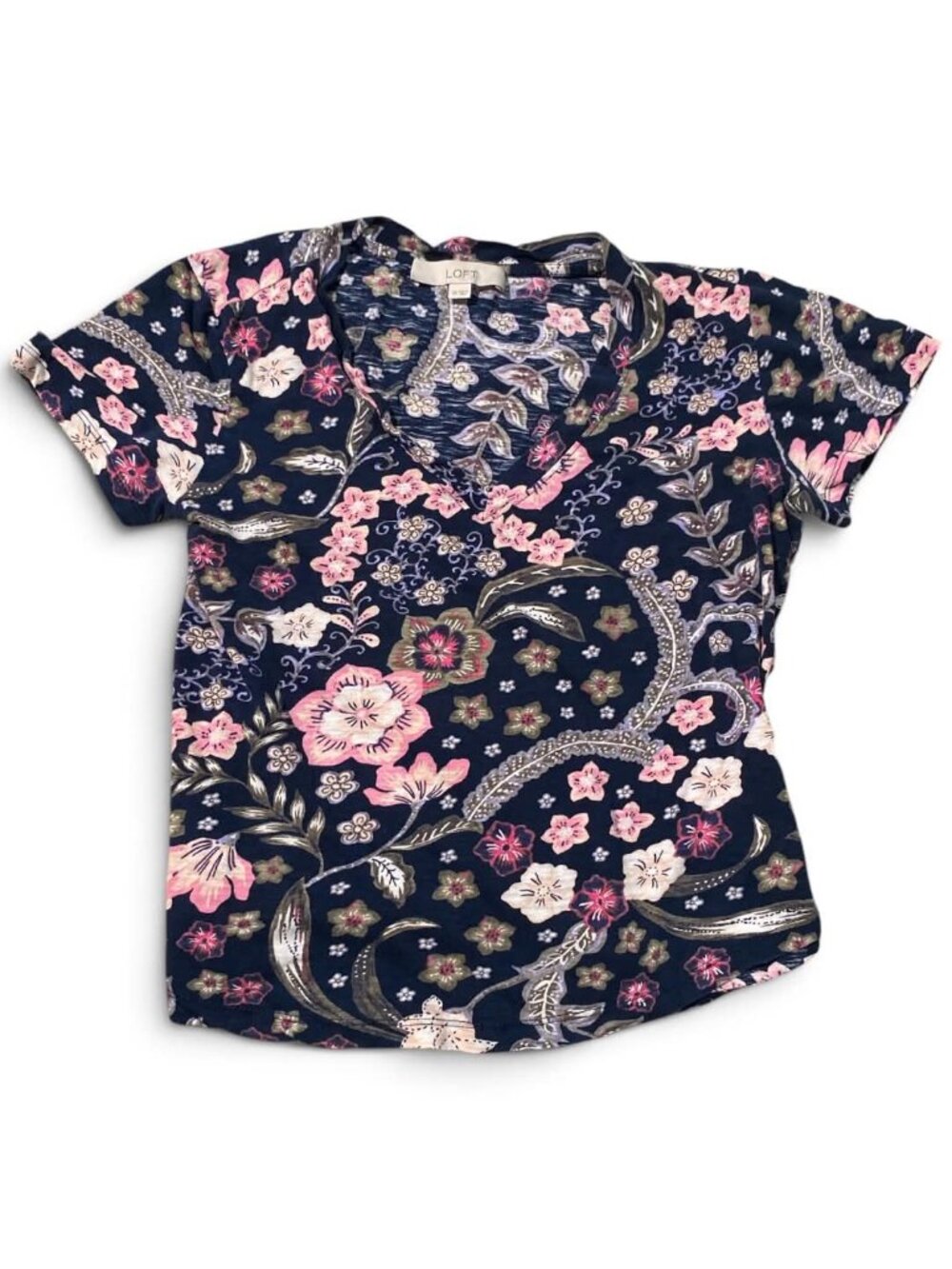 LOFT Navy Blue Pink Floral 100% Cotton V-Neck Tee Size XS